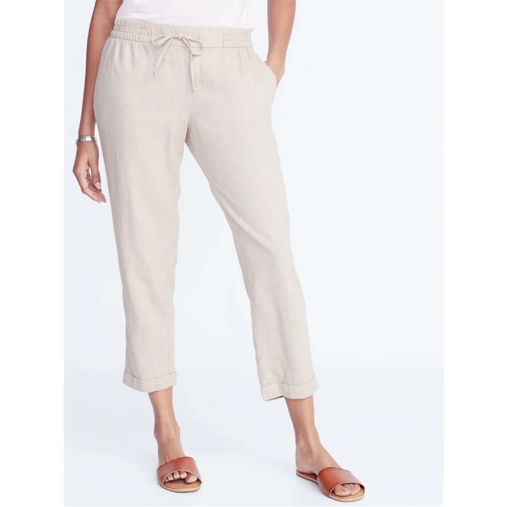 Old Navy Mid-Rise Linen-Blend Cropped Pants Light Beige Cream Capris Size M